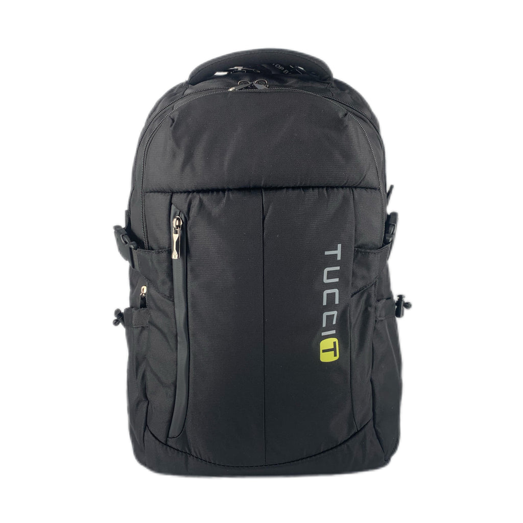 TUCCI Italy HitchHiker 19.7" Backpack – Black, Multi‑Compartment Organizer, Laptop Pocket, Breathable Back, Water Bottle Pockets