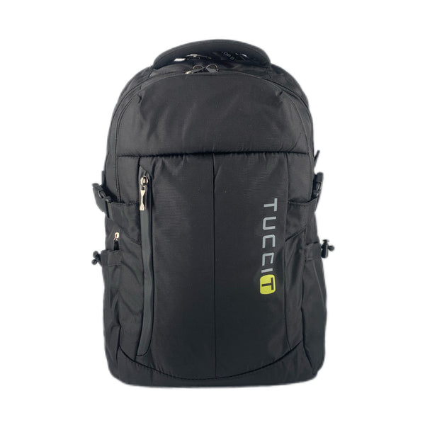 TUCCI Italy HitchHiker 19.7" Backpack – Black, Multi‑Compartment Organizer, Laptop Pocket, Breathable Back, Water Bottle Pockets