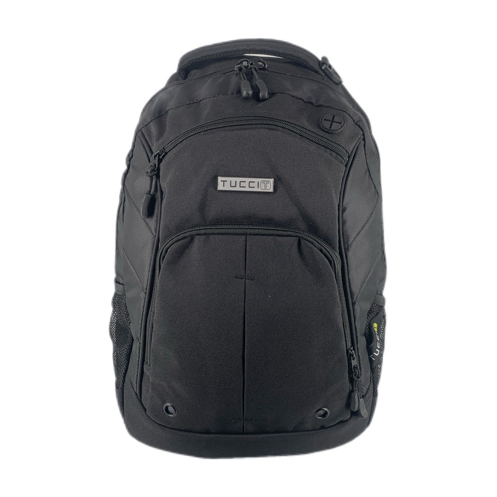 TUCCI Italy Cyclist 18.11" Backpack – Black, Laptop Compartment, Air‑Hole Front Pocket, Headphone Port, Mesh Bottle Pockets