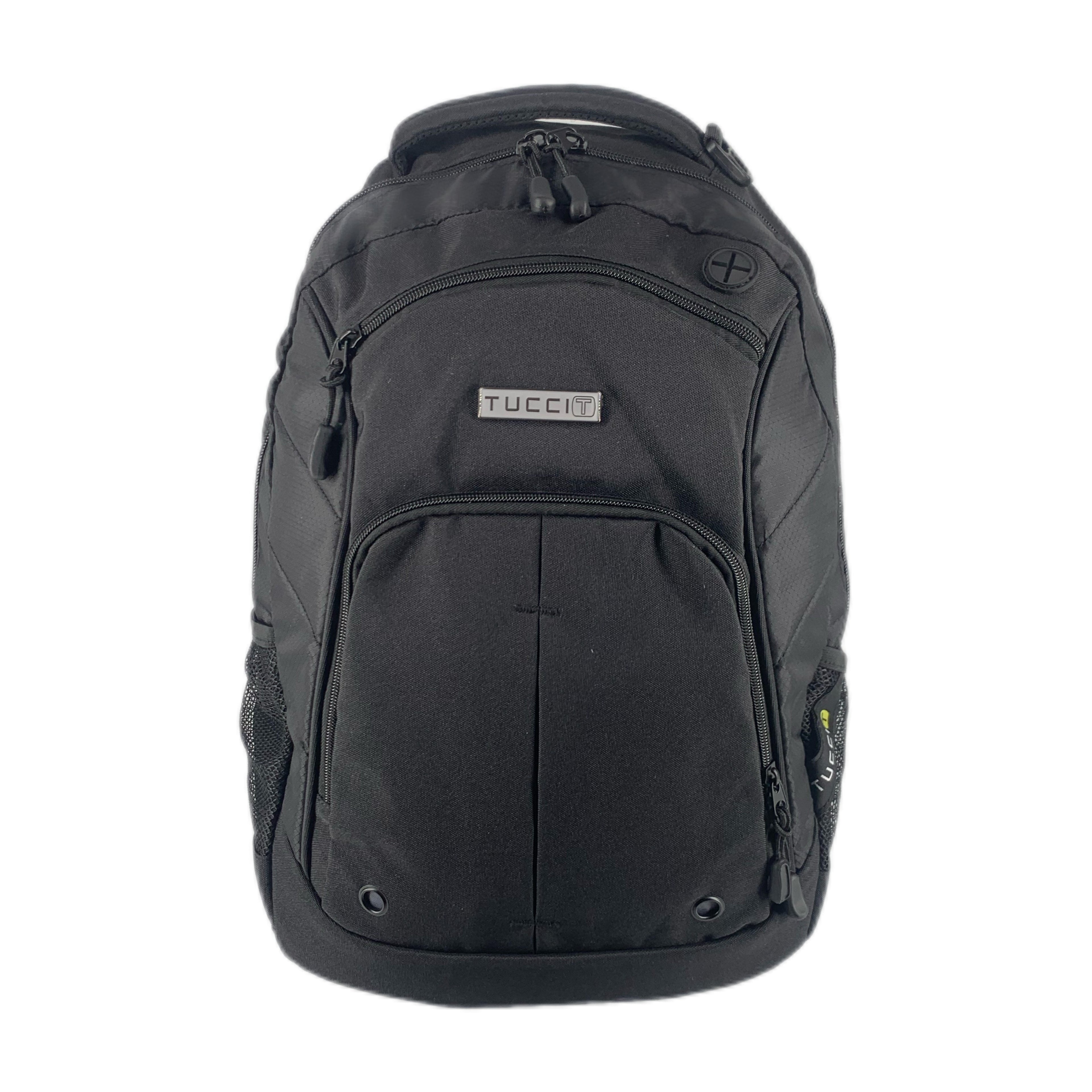 TUCCI Italy Cyclist 18.11" Backpack – Black, Laptop Compartment, Air‑Hole Front Pocket, Headphone Port, Mesh Bottle Pockets