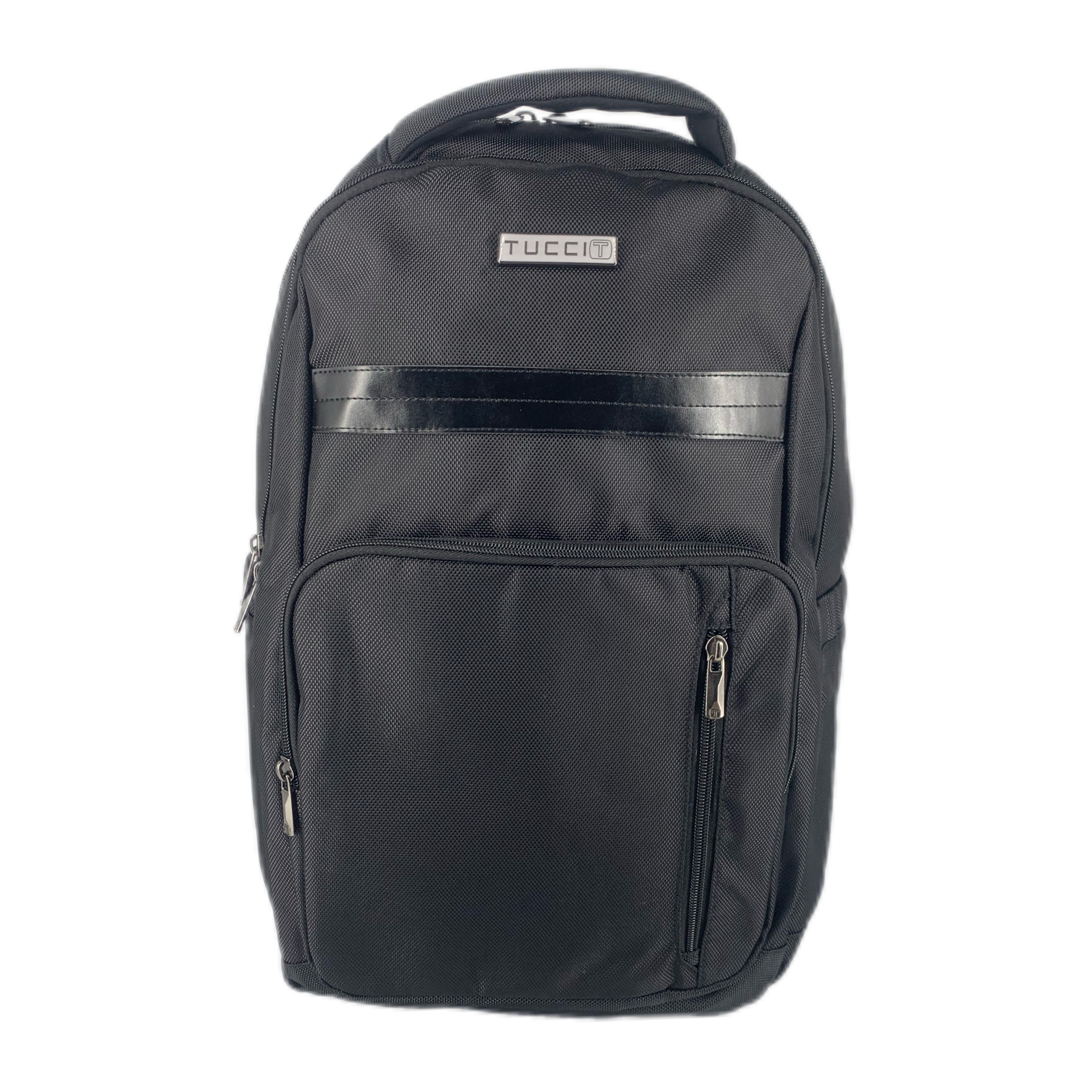 TUCCI Italy Biker 18.9" Backpack – Black, Multi‑Compartment Design, Front Zipper Pocket, Laptop Compartment, Air‑Flow Back Padding