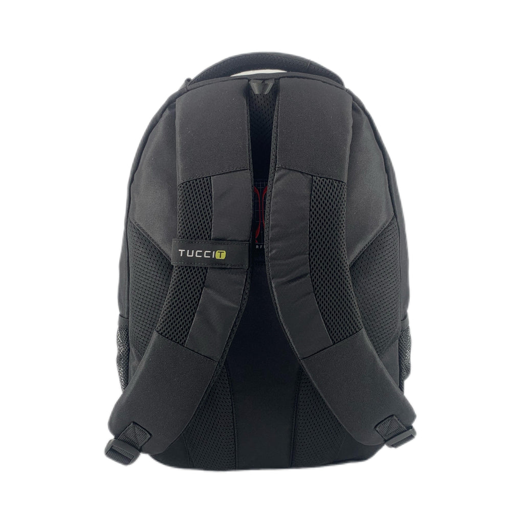 TUCCI Italy Cyclist 18.11" Backpack – Black, Laptop Compartment, Air‑Hole Front Pocket, Headphone Port, Mesh Bottle Pockets