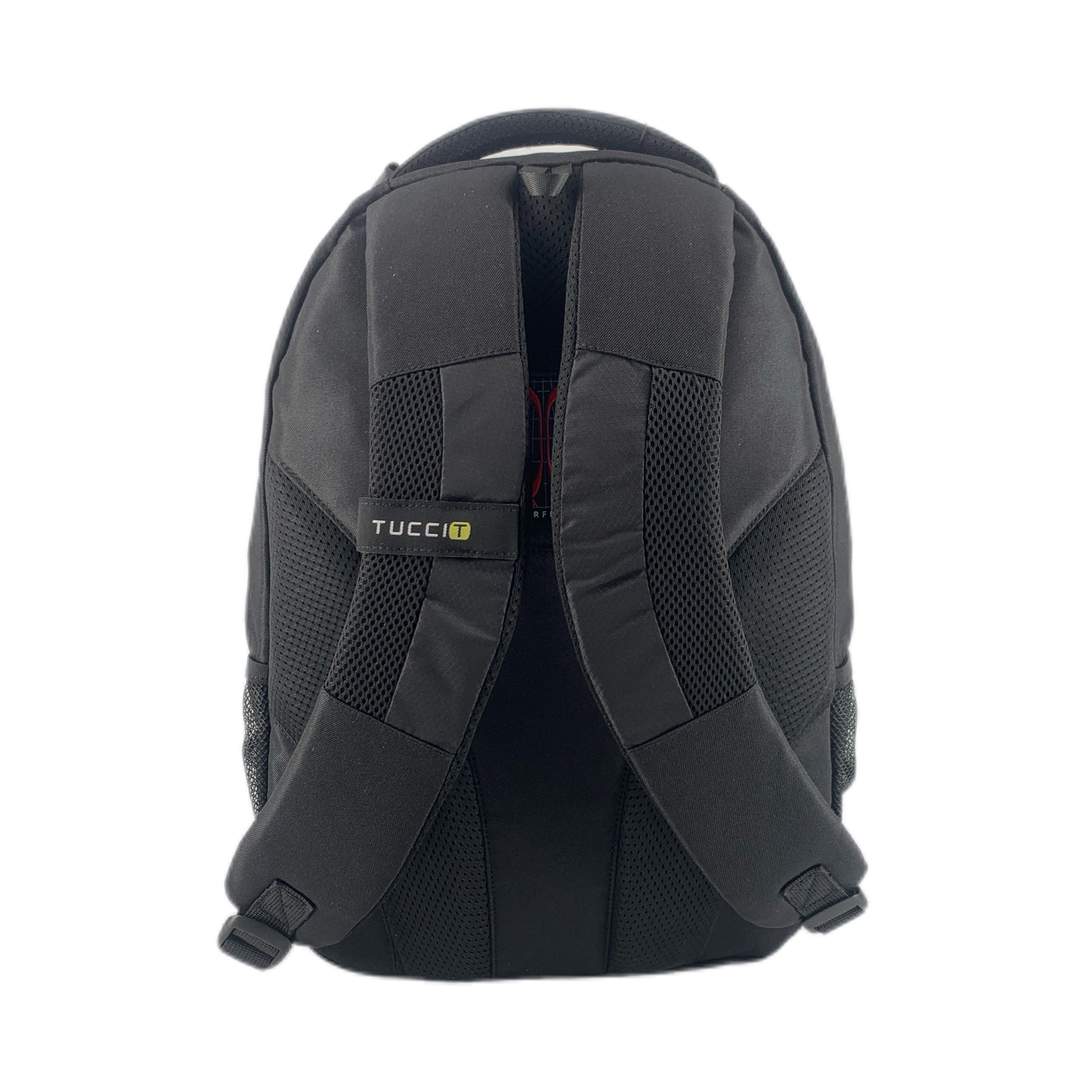 TUCCI Italy Cyclist 18.11" Backpack – Black, Laptop Compartment, Air‑Hole Front Pocket, Headphone Port, Mesh Bottle Pockets