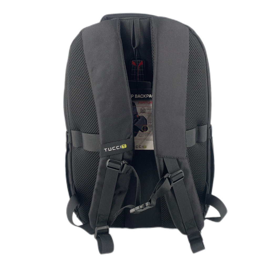TUCCI Italy Biker 18.9" Backpack – Black, Multi‑Compartment Design, Front Zipper Pocket, Laptop Compartment, Air‑Flow Back Padding