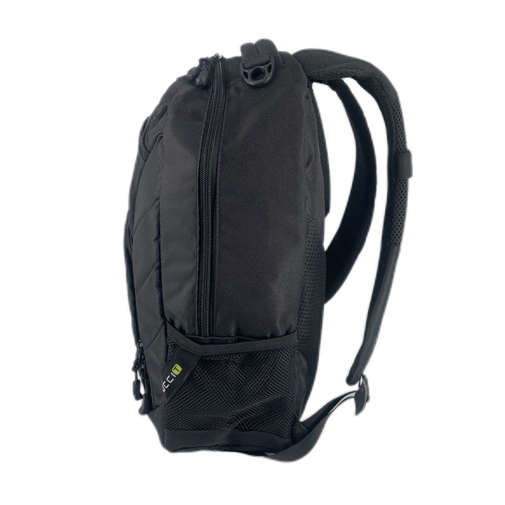 TUCCI Italy Cyclist 18.11" Backpack – Black, Laptop Compartment, Air‑Hole Front Pocket, Headphone Port, Mesh Bottle Pockets