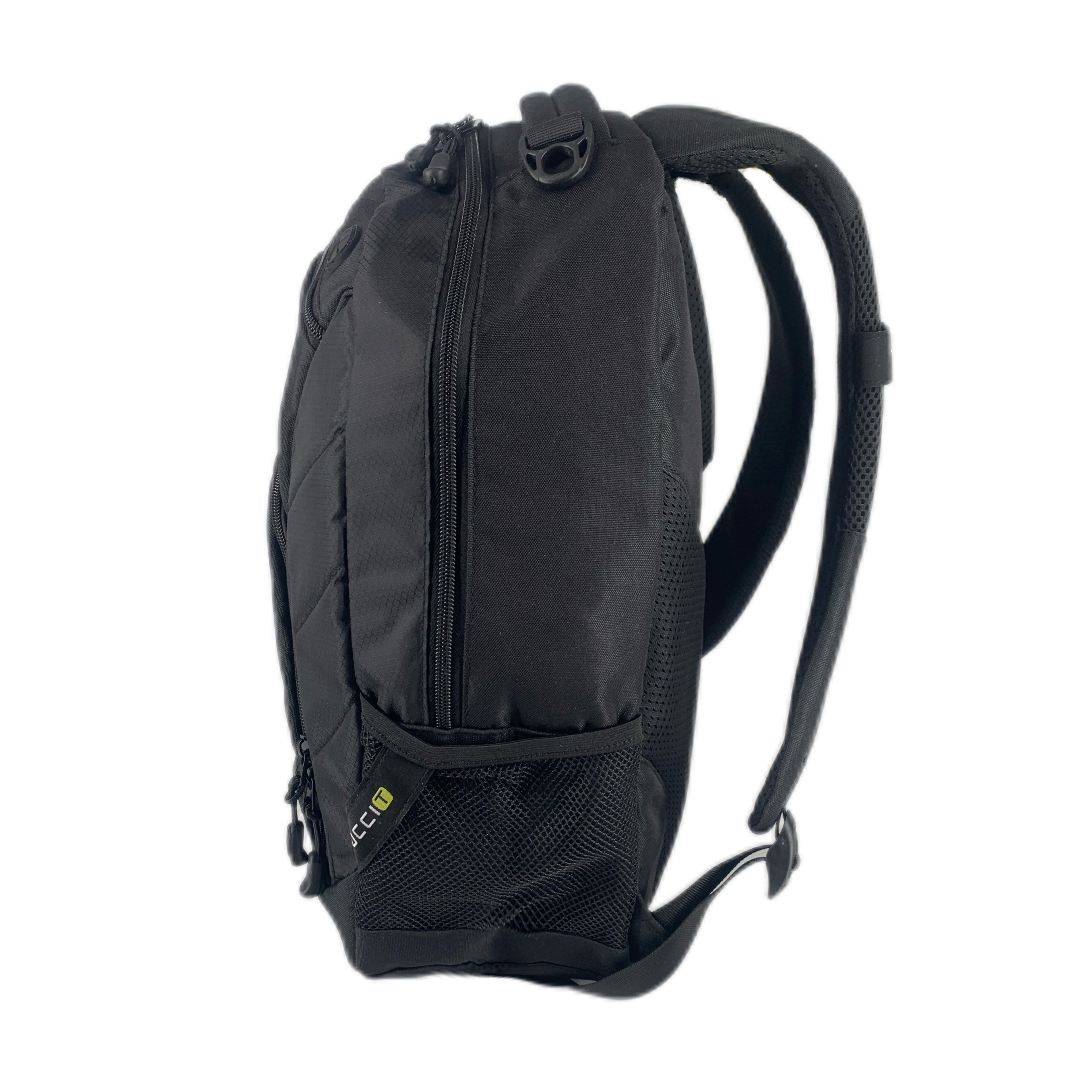 TUCCI Italy Cyclist 18.11" Backpack – Black, Laptop Compartment, Air‑Hole Front Pocket, Headphone Port, Mesh Bottle Pockets