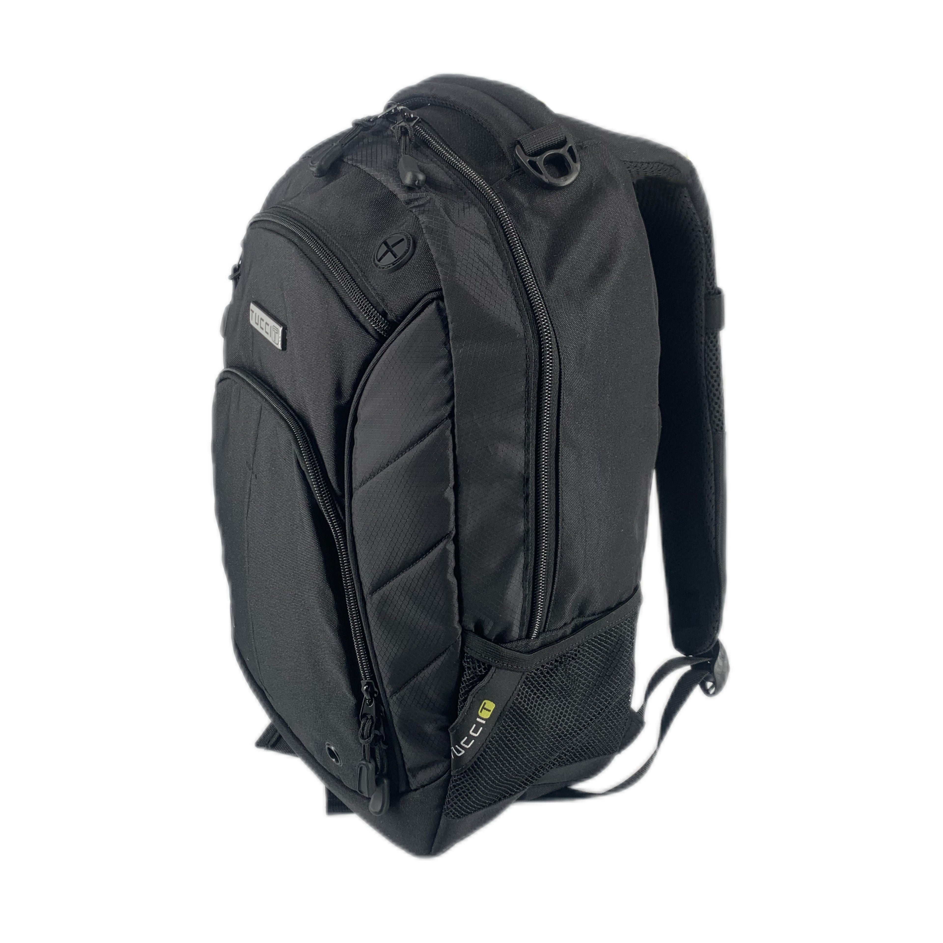 TUCCI Italy Cyclist 18.11" Backpack – Black, Laptop Compartment, Air‑Hole Front Pocket, Headphone Port, Mesh Bottle Pockets