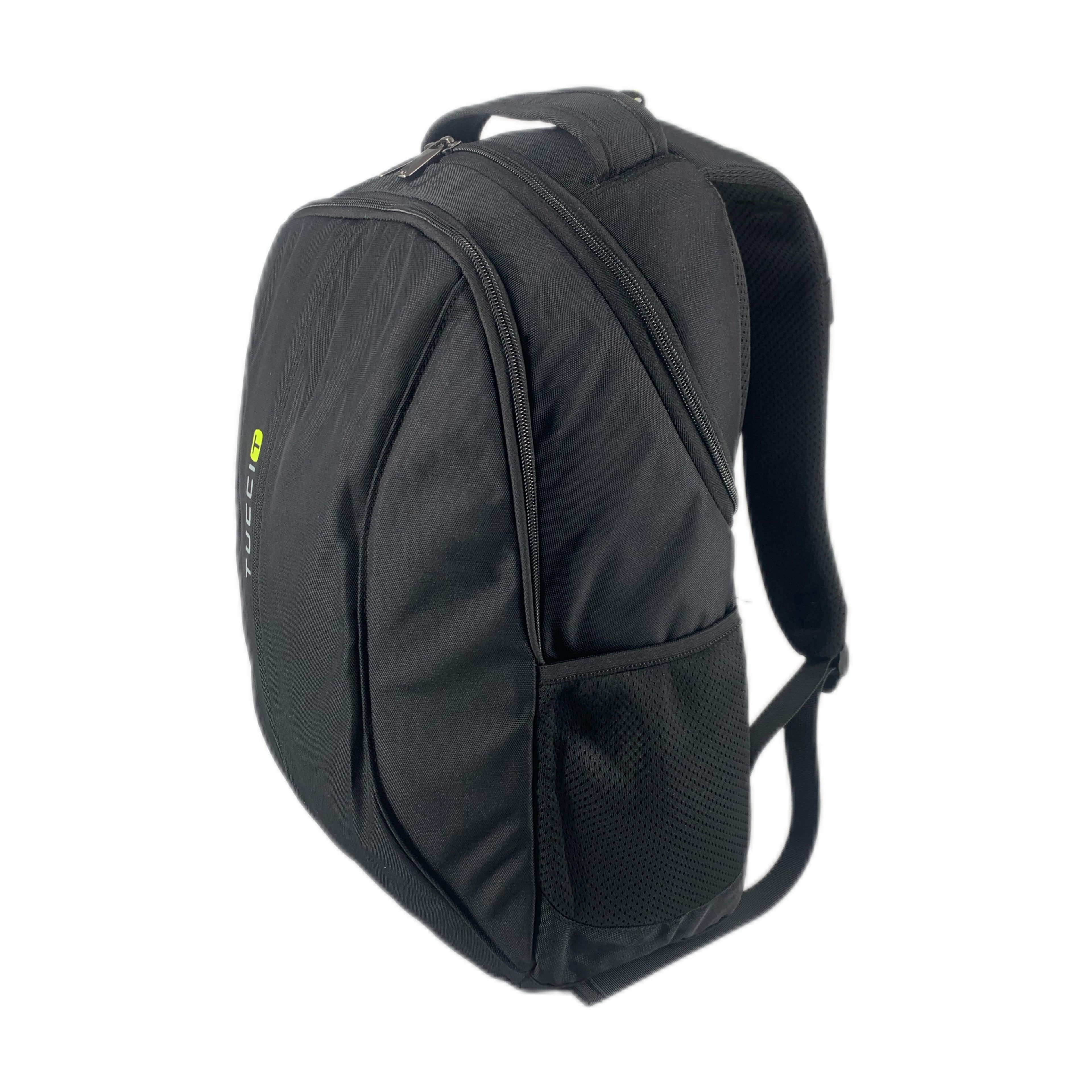 TUCCI Italy Dynamo 17.7" Backpack – Black, Lightweight Daily Pack with Laptop Compartment, Organizer Pockets, Water Bottle Storage