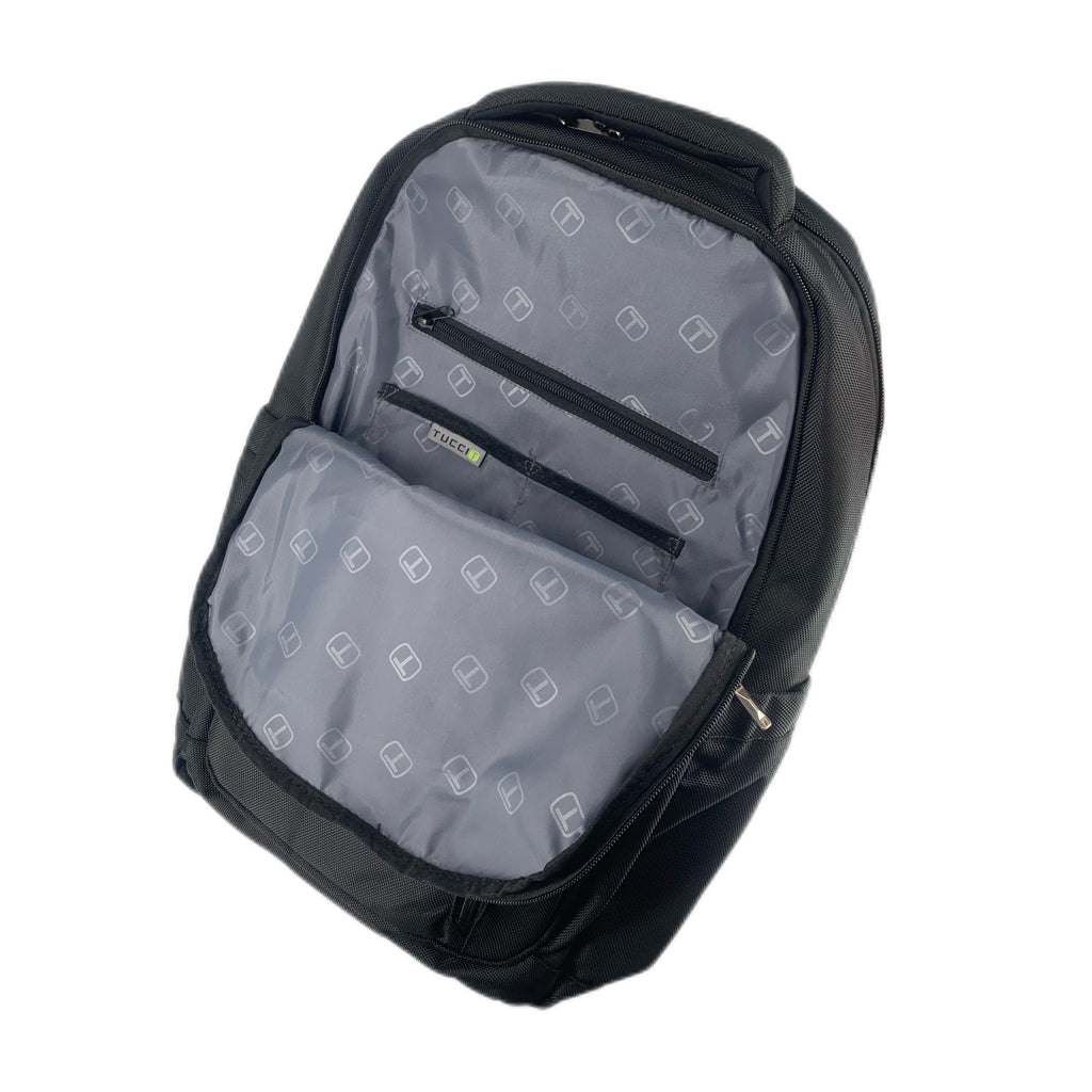 TUCCI Italy Biker 18.9" Backpack – Black, Multi‑Compartment Design, Front Zipper Pocket, Laptop Compartment, Air‑Flow Back Padding