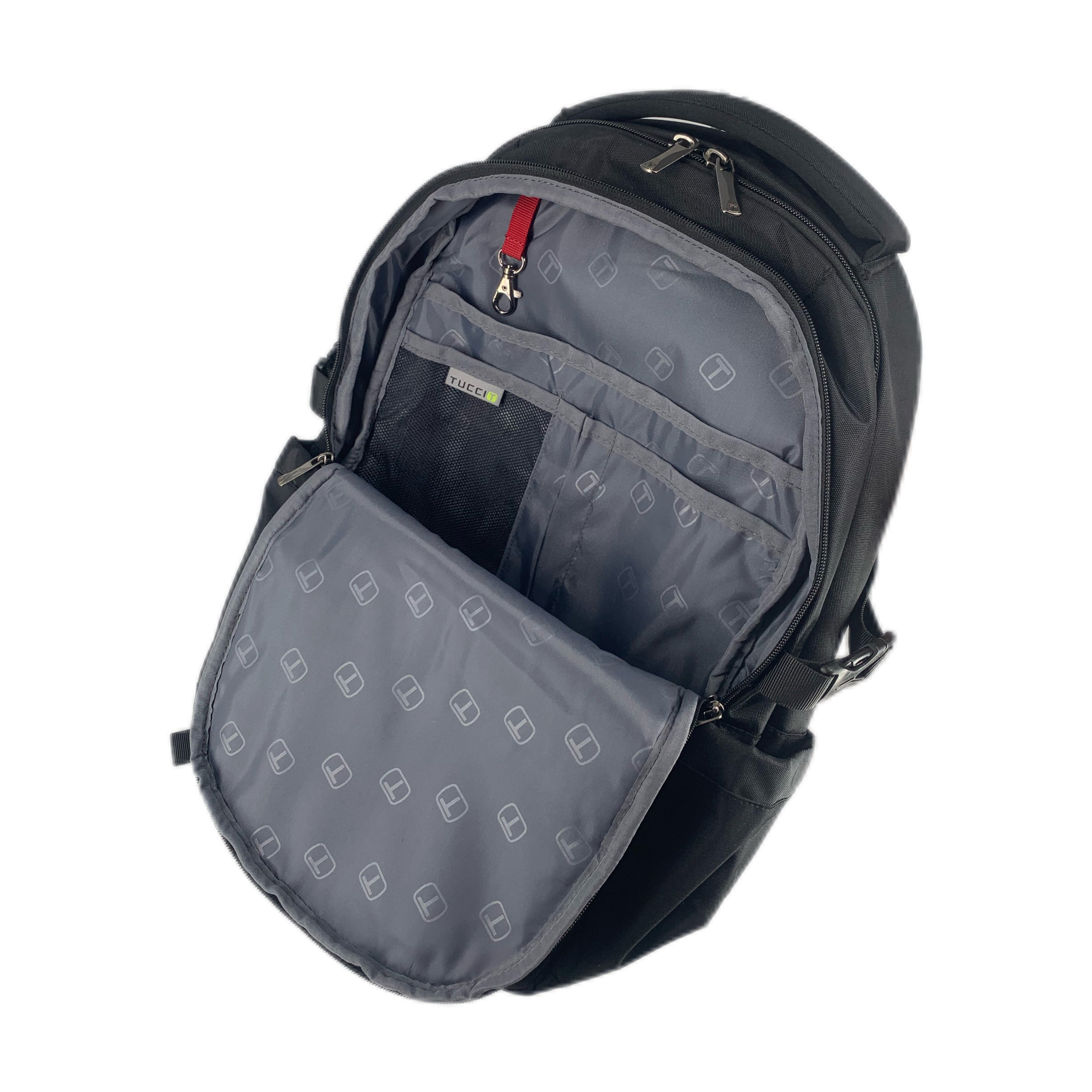 TUCCI Italy SportRider 18.1" Backpack – Black, Laptop Compartment, Hidden Back Pocket, Luggage Strap, Multi‑Organizer Design