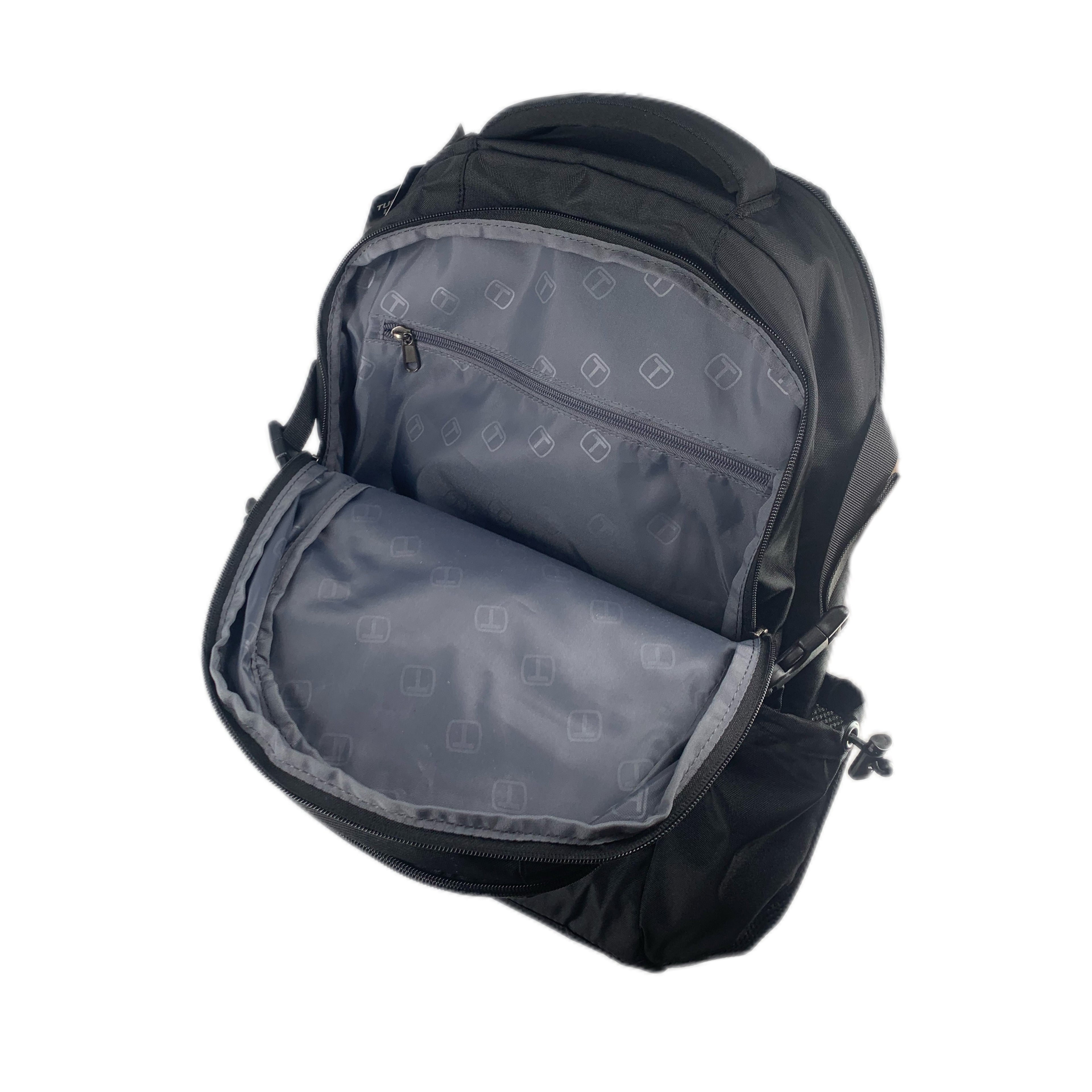 TUCCI Italy HitchHiker 19.7" Backpack – Black, Multi‑Compartment Organizer, Laptop Pocket, Breathable Back, Water Bottle Pockets