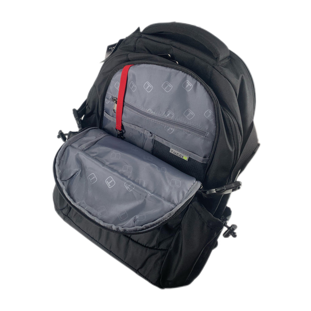 TUCCI Italy HitchHiker 19.7" Backpack – Black, Multi‑Compartment Organizer, Laptop Pocket, Breathable Back, Water Bottle Pockets