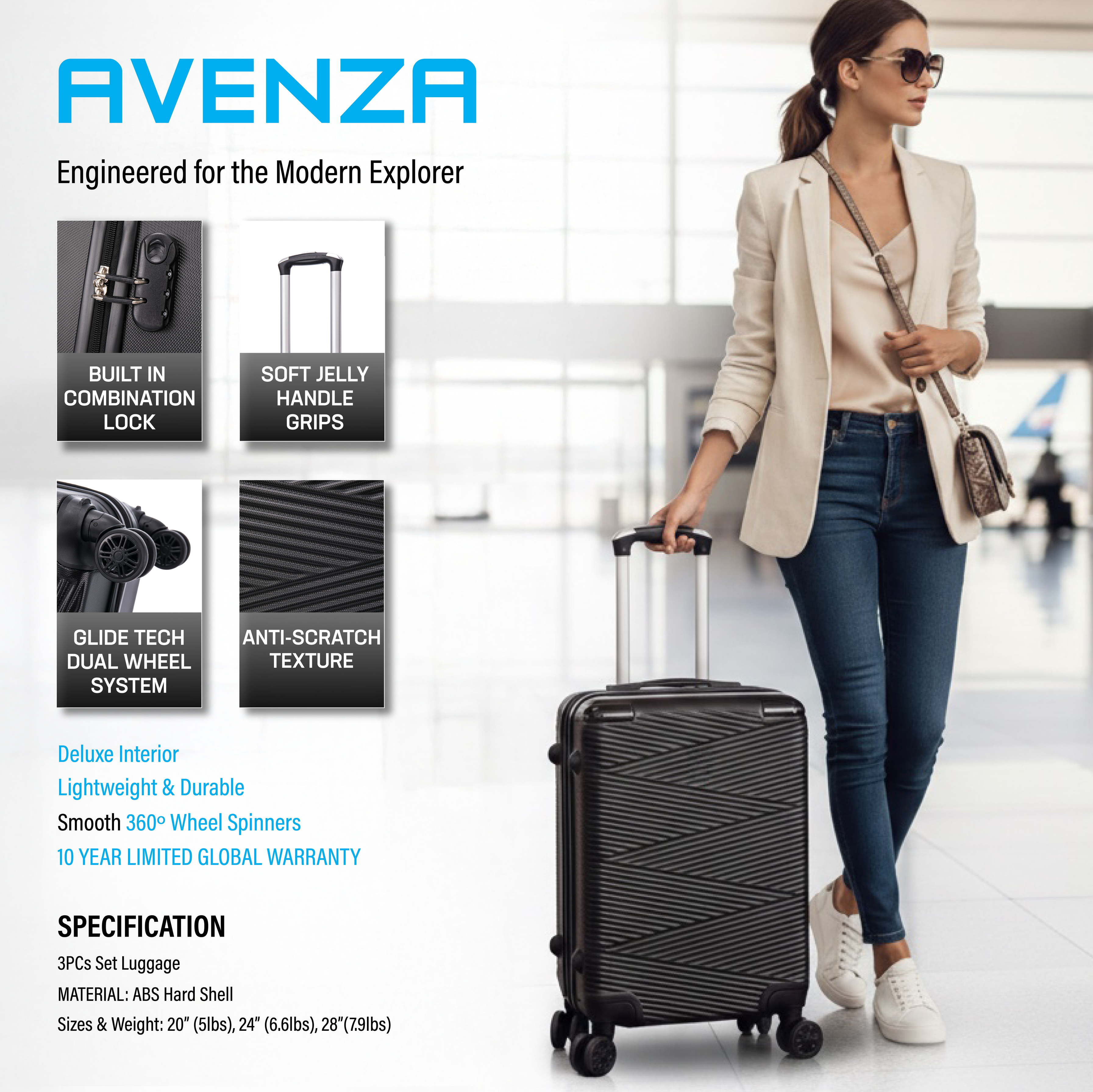 TUCCI Italy AVENZA 3PC Hardside Luggage Set (20", 24", 28")
