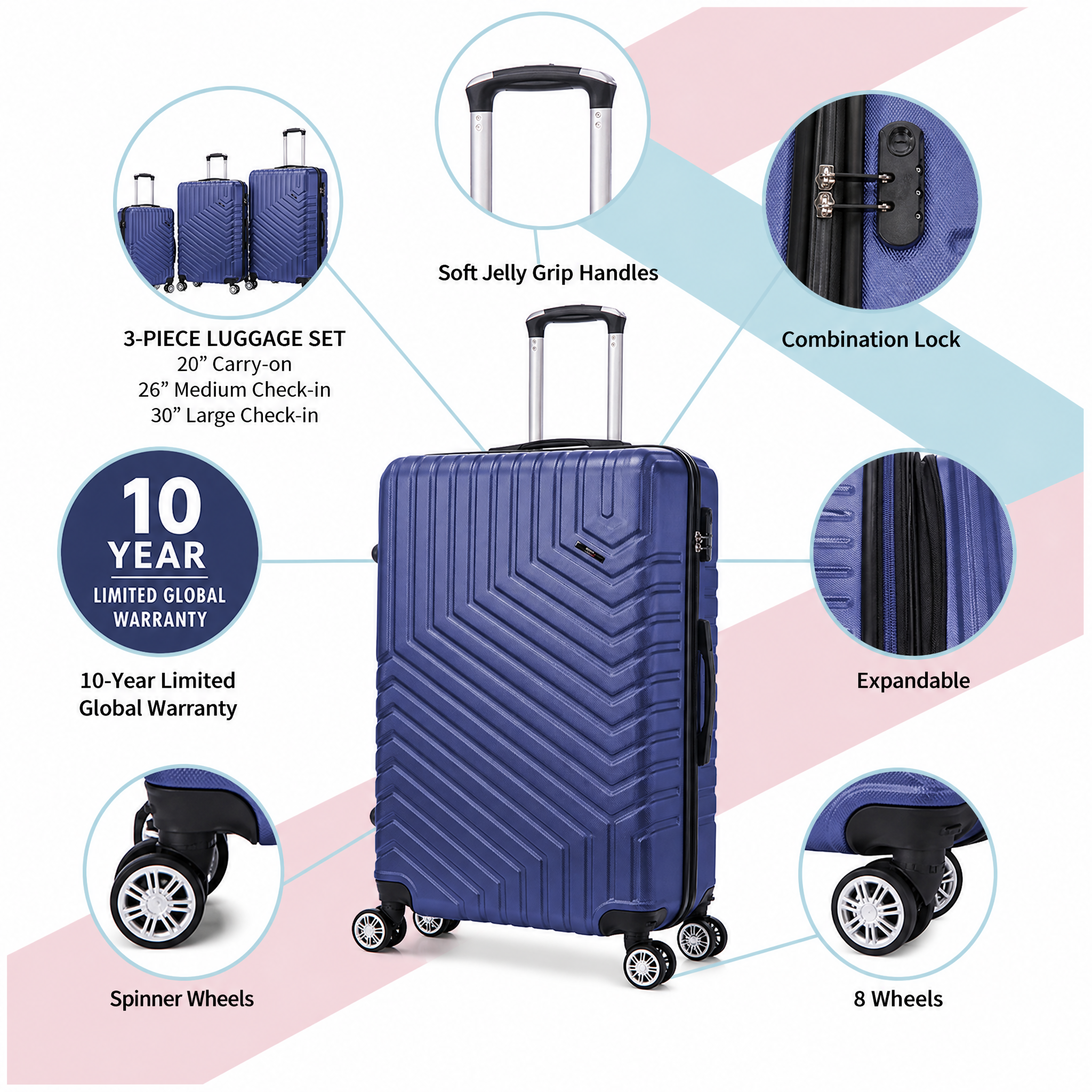 Tucci Primo Italy Resistenza 3-Piece Expandable Hardside Luggage Set with Spinner Wheels & Built-in Lock, Lightweight ABS Suitcases, 20"/26"/30"
