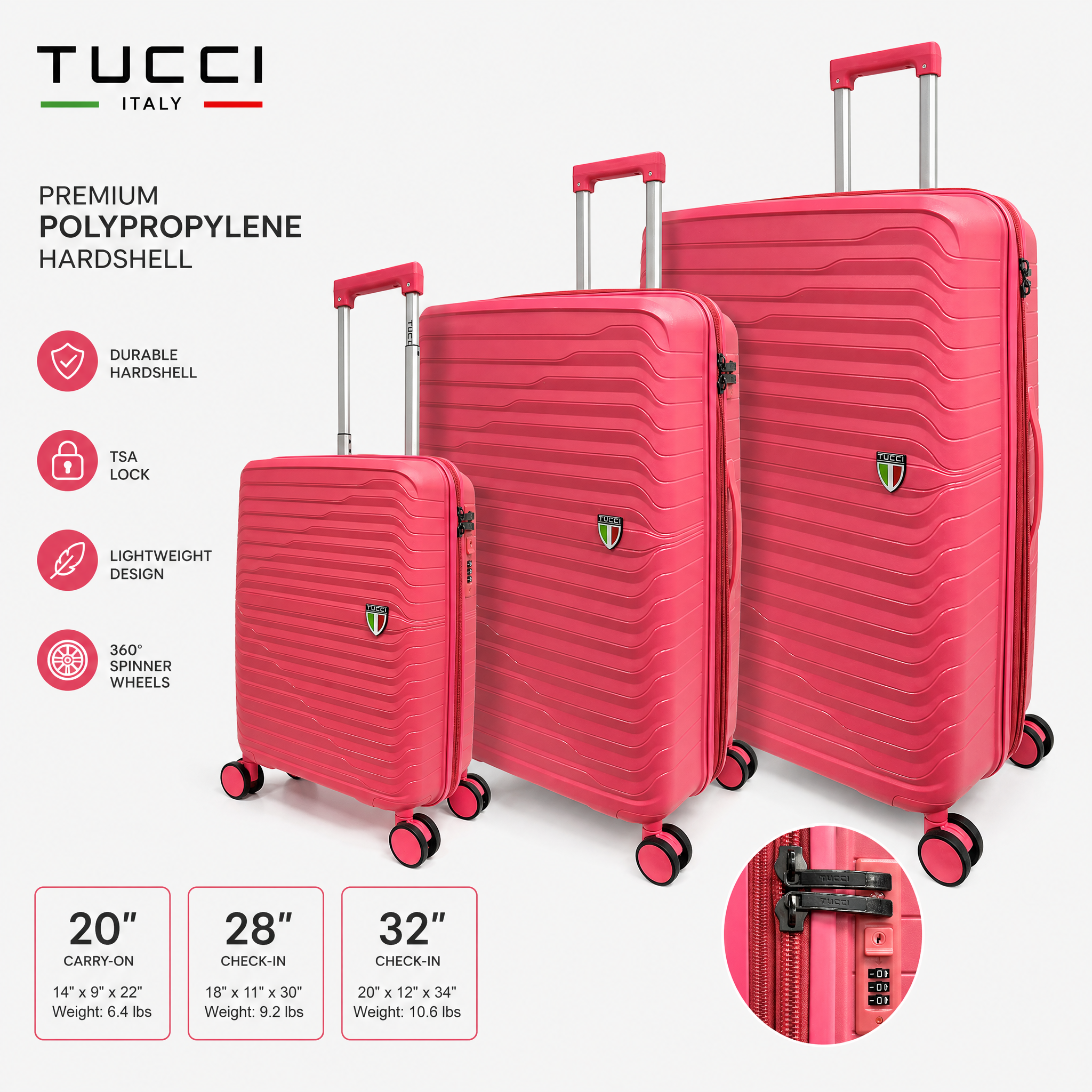 Tucci Italy Indomito 3-Piece Polypropylene Hardside Luggage Set, Expandable Spinner Suitcases with TSA Lock, 20/28/32 in