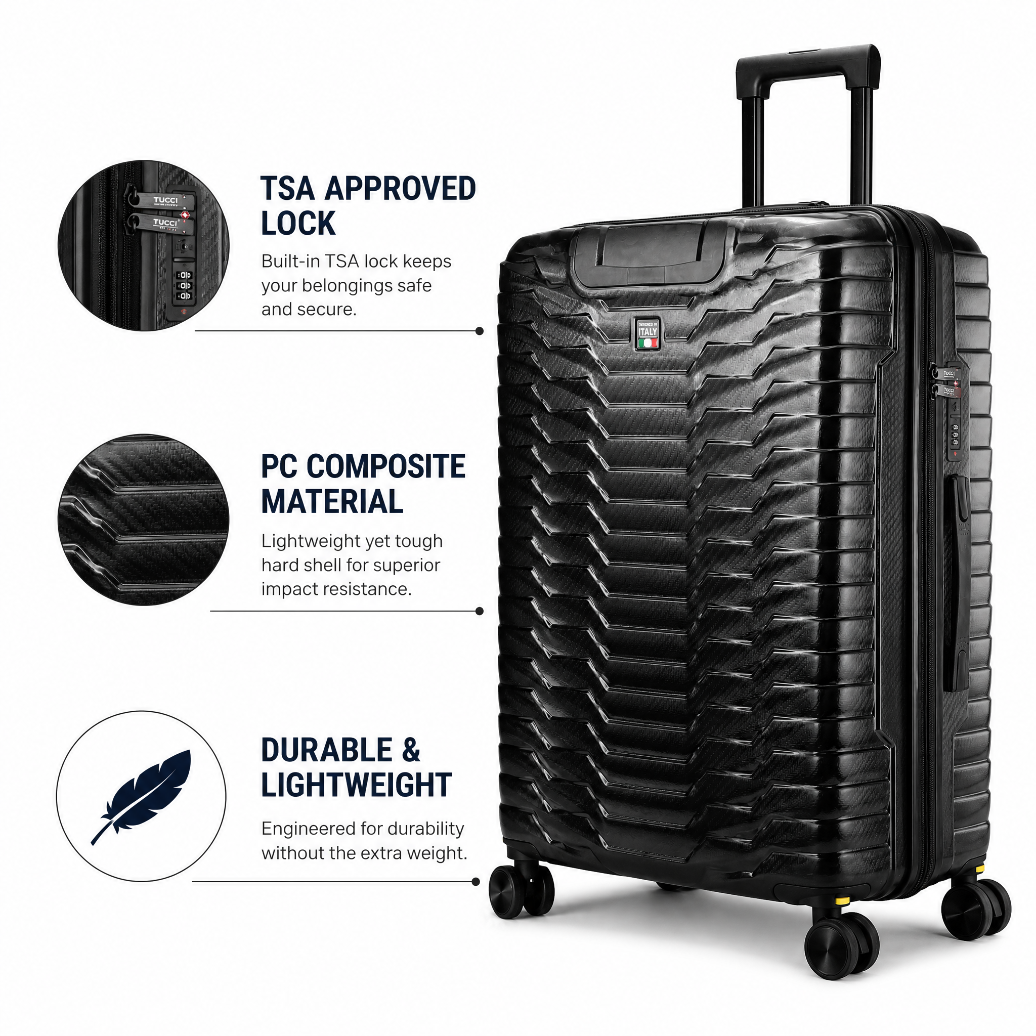 Tucci Italy Occhio 3-Piece Expandable Hardside Luggage Set, PC Carbon Fiber Texture Spinner Suitcases with TSA Lock, 20/28/30 in